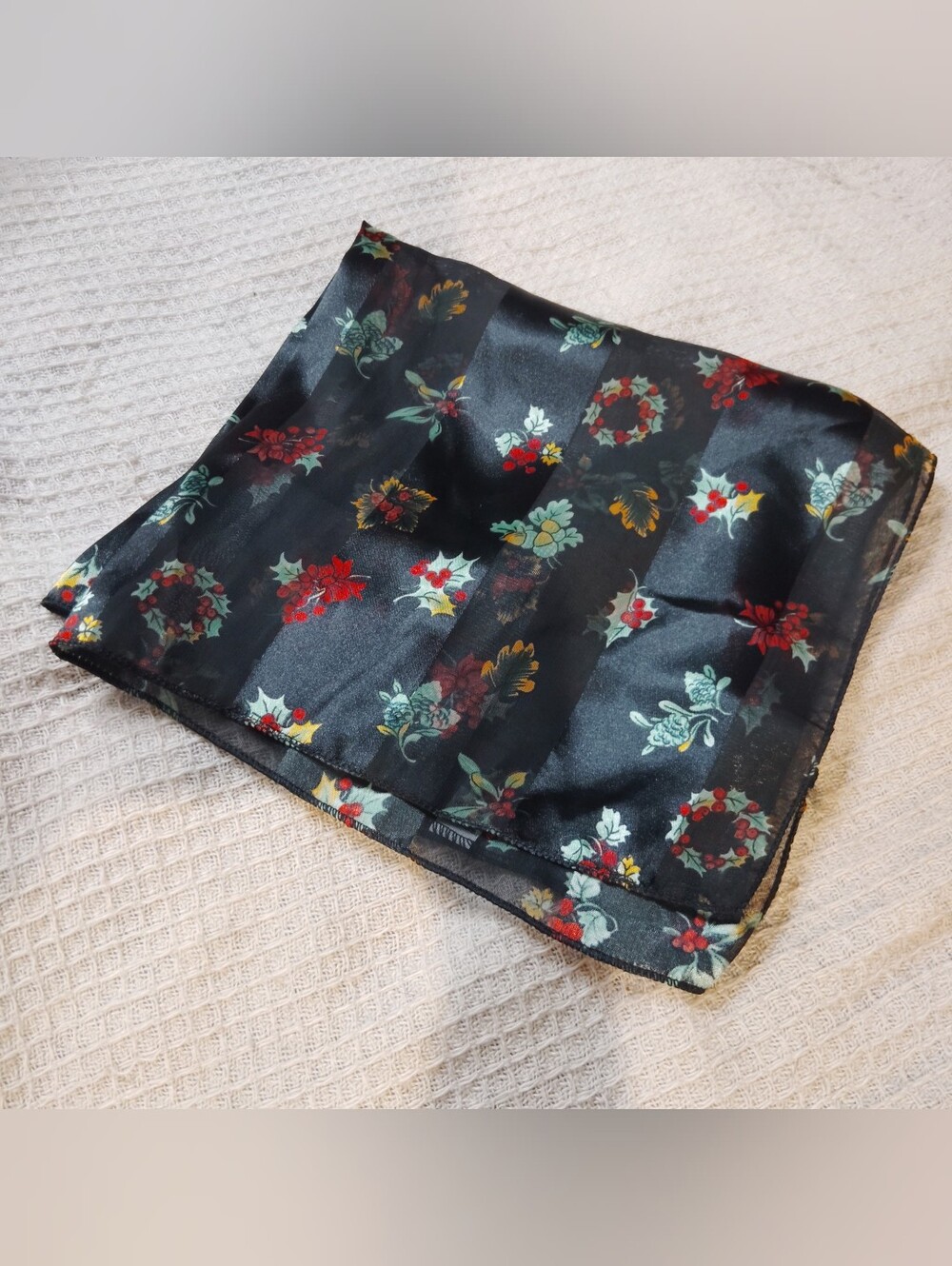 Holiday Polyester Sheer Scarf with Red Holly And Wreaths Classic Festive Cheer